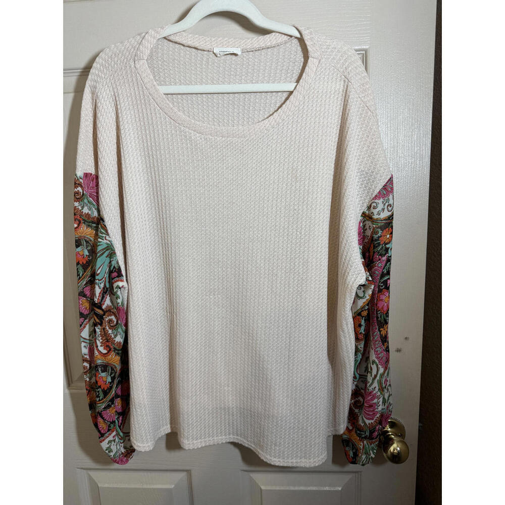 Cozy Cream Adrienne Waffle Knit Long Sleeve Top with Colorful Patterned Sleeves
